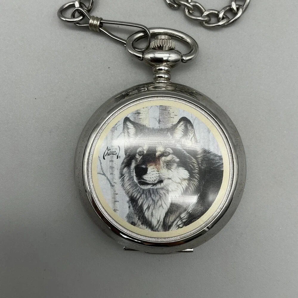 Al Agnew Pocket Watch Men 47mm Silver Tone Wolf Art Full Hunter Chain